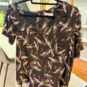 A.L.C. Printed Short-Sleeve Silk Button-Front Top in Black, Brown and Cream
